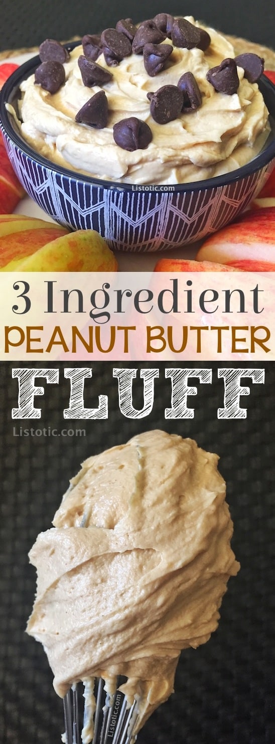 Easy, Healthy, 3 Ingredient Peanut Butter Fruit Dip Recipe made with greek yogurt, peanut butter and honey. It's also the perfect after school snack for the kids. Easy No-Bake Peanut Butter Dessert and protein snack (great for weightloss!) Listotic.com 