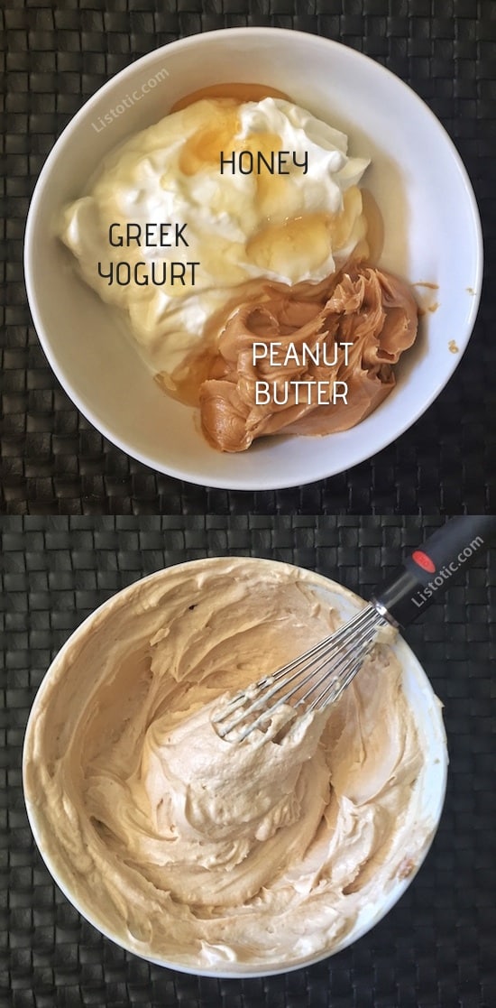 Easy, Healthy, 3 Ingredient Peanut Butter Fruit Dip Recipe made with greek yogurt, peanut butter and honey. It's also the perfect after school snack for the kids. Easy No-Bake Peanut Butter Dessert and protein snack (great for weightloss!) Listotic.com 