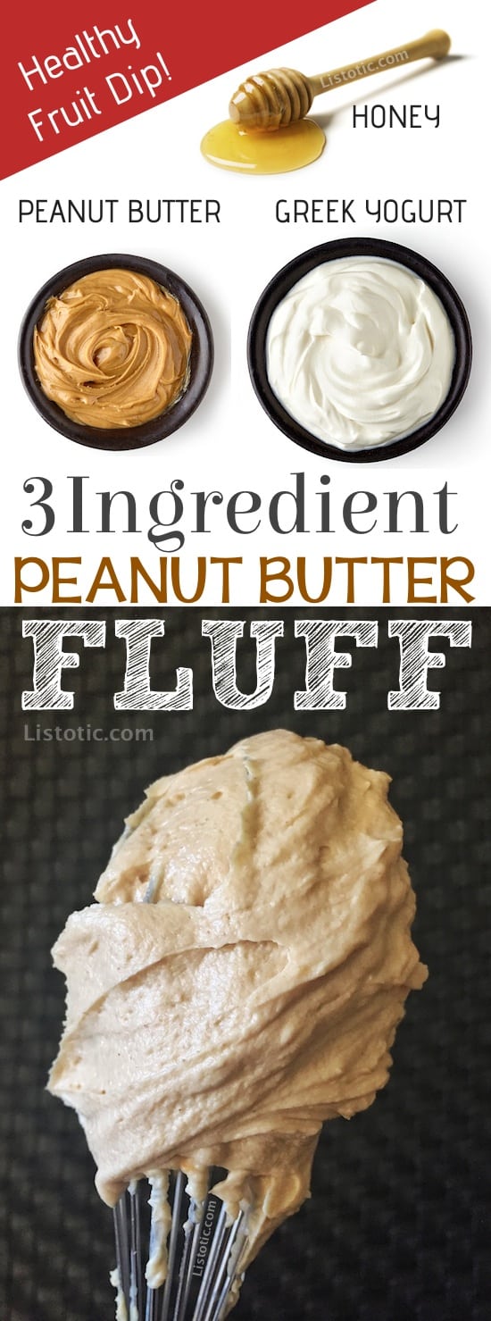 Easy, Healthy, 3 Ingredient Peanut Butter Fruit Dip Recipe made with greek yogurt, peanut butter and honey. It's also the perfect after school snack for the kids. Easy No-Bake Peanut Butter Dessert and protein snack (great for weightloss!) Listotic.com 