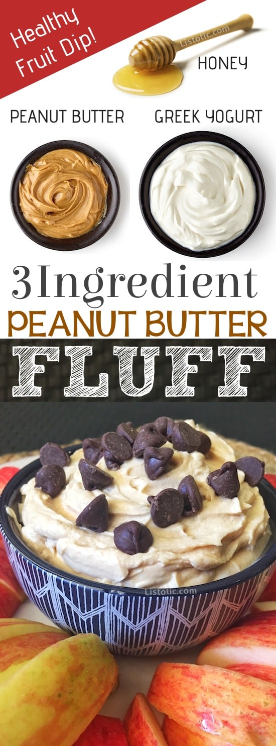 Easy, Healthy, 3 Ingredient Peanut Butter Fruit Dip Recipe made with greek yogurt, peanut butter and honey. The easiest party dip you will ever make! It's also the perfect after school snack for the kids. Easy No-Bake Peanut Butter Dessert and protein snack. 