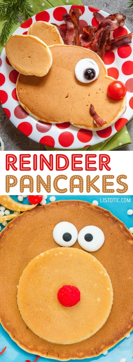 Panqueques de Renos fáciles Para Niños en la mañana de Navidad / Más de 15 años, ideas divertidas, lindas y fáciles para el desayuno de Navidad para niños! Estas recetas creativas son tan simples y fáciles de hacer, pero seguramente harán que la mañana de Navidad sea muy especial. ¡De todo, desde tortitas hasta tostadas y avena! Listotic.com