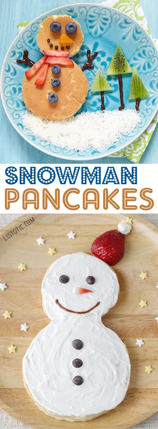 Easy Snowman Pancakes For Kids On Christmas Morning | Over 15 fun, cute and easy Christmas breakfast ideas for kids! These creative recipes are so simple and easy to make, but are sure to make Christmas morning extra special. Everything from pancakes to toast and oatmeal! Listotic.com
