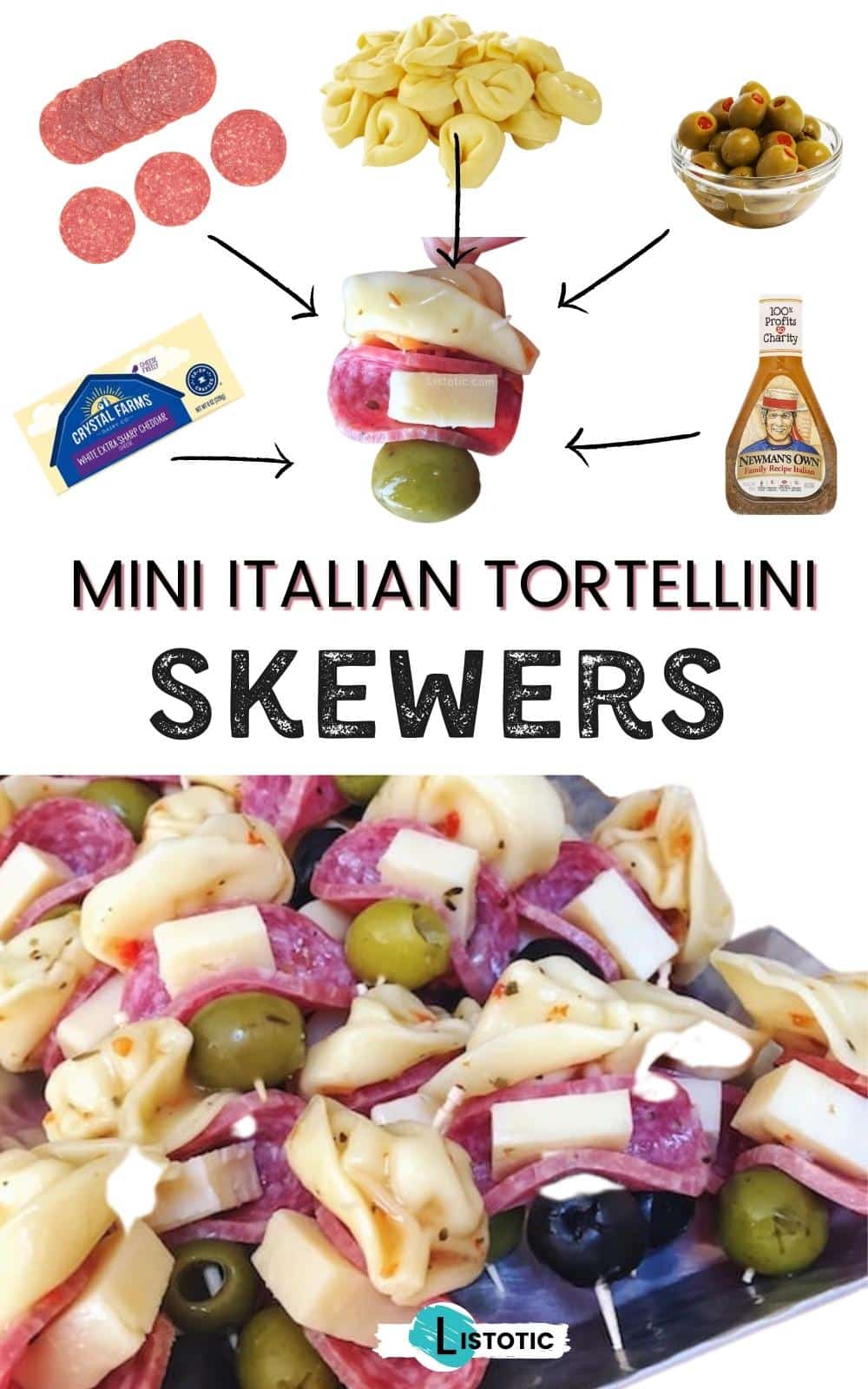 Mini Italian Skewers with olives, cheese, tortellini, salami and italian dressing