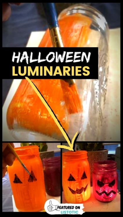 step by step instructions for homemade Halloween luminaries made with mason jars and tea lights painted for Halloween décor
