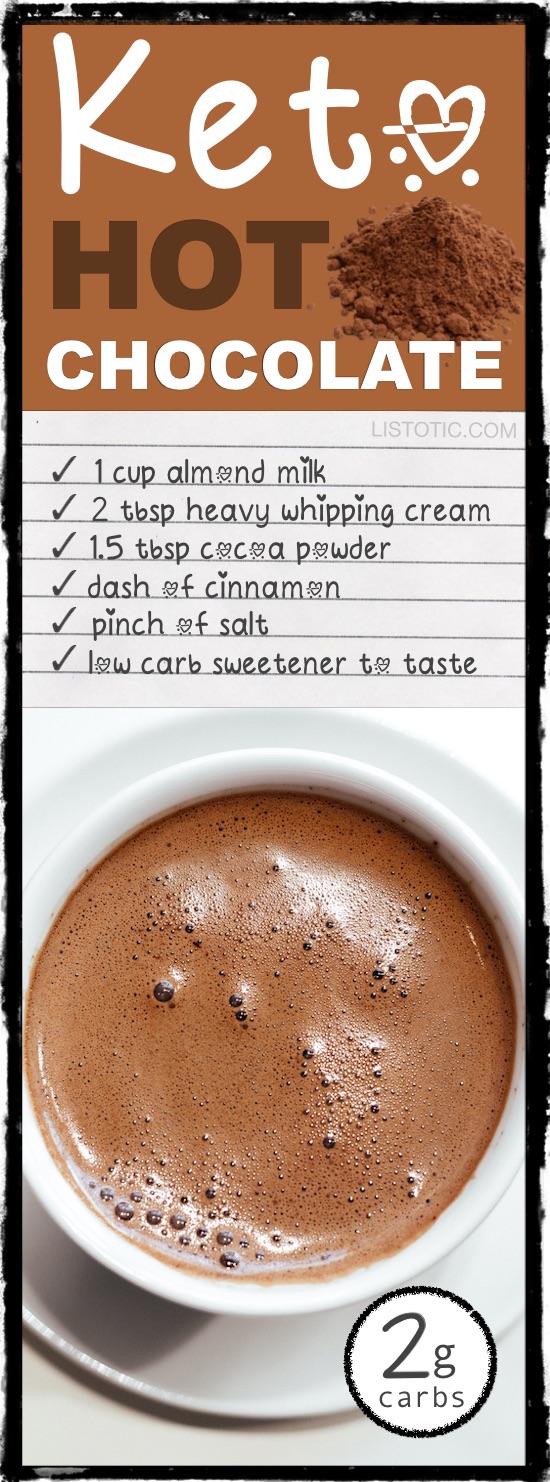 Low Carb Keto Hot Chocolate Recipe using heavy cream and almond milk! YUM -- 10 easy keto smoothie and drink recipes that will change the way you look at eating low carb. For breakfast, dessert and more! Listotic.com