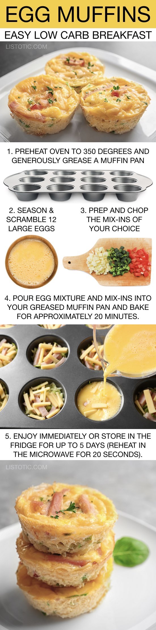 Easy Keto Egg Muffins Recipe | These easy low carb and keto breakfast recipe ideas are perfect to make ahead of time, and simply grab for on the go! Meal prep can be a life saver! Eating healthy has never been so easy with these time-saving tips and tricks. Everything from casseroles to muffins! They're perfect for a ketogenic diet. Listotic.com