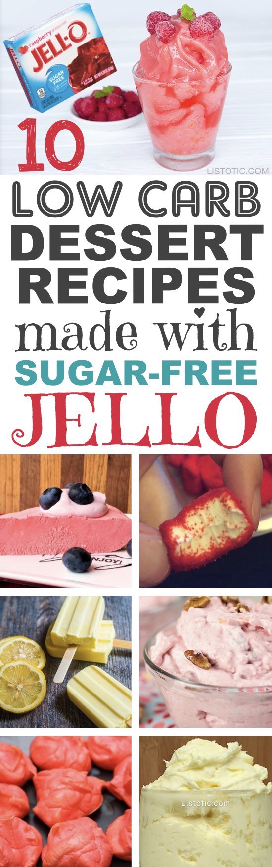 10 Easy, Quick, No-Bake Low Carb Keto Dessert Recipes -- many with just 2 ingredients! All atkins and diabetic friendly. These sugar free Jello treats are sure to please! Listotic.com 