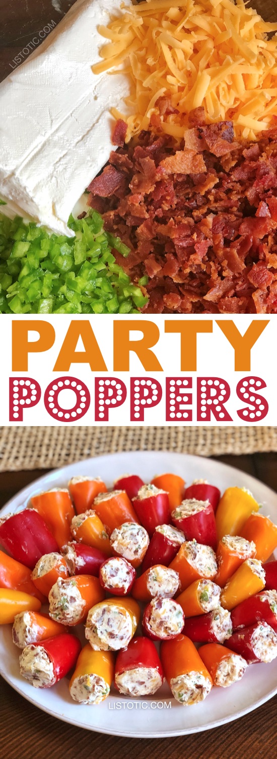 Party Poppers (stuffed mini peppers recipe) | This easy make ahead appetizer for a party is the perfect finger food for a crowd! It's also low carb and gluten free! The combination of cream cheese, bacon and jalapeño's is absolutely divine. Great for 4th of July or any summer party! Listotic.com