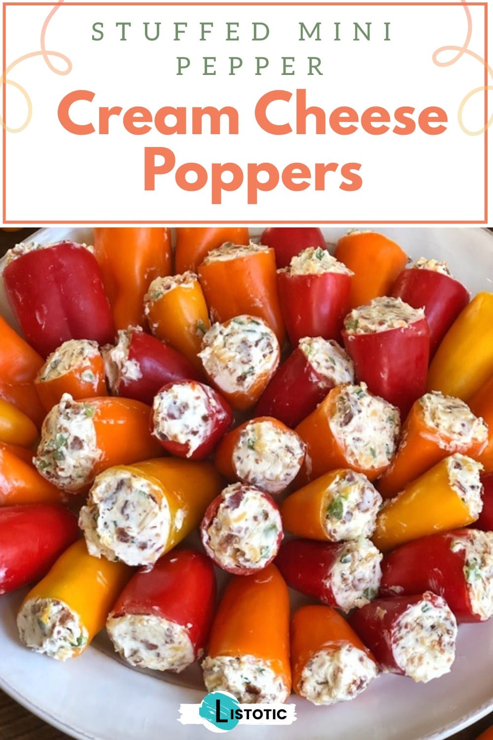 Close-up of sweet pepper poppers stuffed with cream cheese and bacon, served on a white platter as a colorful low carb appetizer.