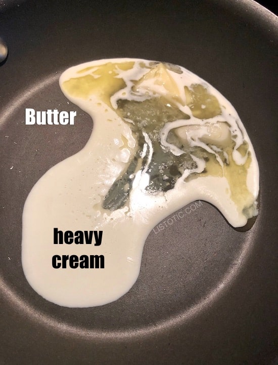 Butter and heavy cream melting in a pan for the best scrambled eggs ever!