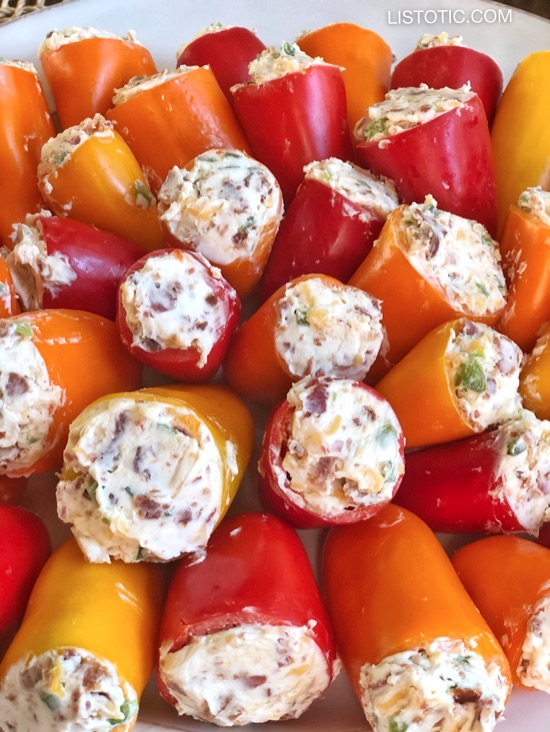 Party Poppers (stuffed mini peppers recipe) Easy appetizer idea!! Listotic.com