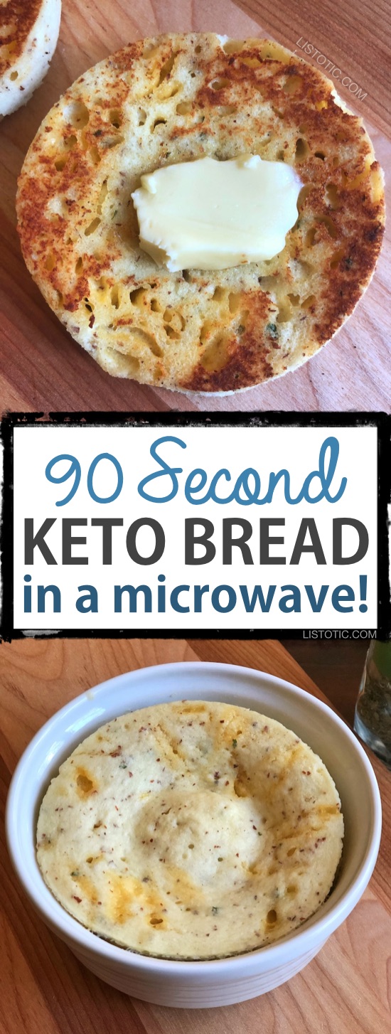 This Keto bread is quick, easy and low carb! The recipe calls for both almond flour and coconut flour giving it the best texture and taste yet. It bakes up in just a few minutes in your microwave, and is versatile enough to use as a biscuit, toast, English muffin or sandwich bread! #keto #lowcarb | Listotic.com