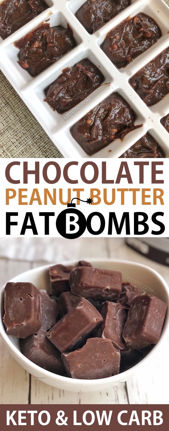 Quick and Easy Keto Chocolate Peanut Butter Fat Bombs -- low carb and sugar free! Made with cream cheese, coconut oil, cocoa powder, peanut butter, butter, stevia and vanilla extract. Perfect for a ketogenic diet! It's like dessert but without the guilt. | Listotic.com #lowcarb #keto