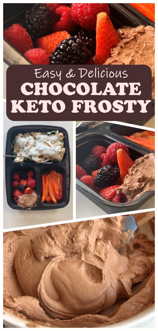 Low carb keto lunch example with Keto Chocolate Frosty, berries, peppers and chicken breast.