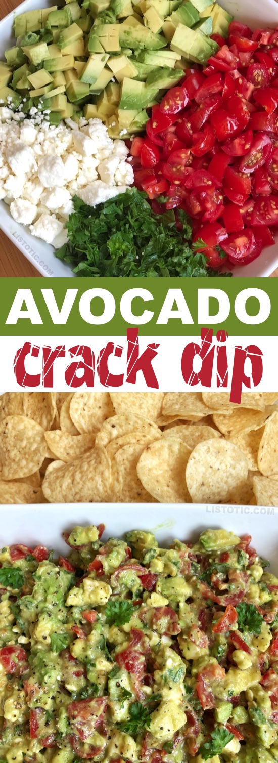 This quick and easy party appetizer is the BEST make ahead dip you will ever make! Serve it up with chips for a simple finger food everyone will love. It's made with avocados, tomatoes, feta and parsley. It's like guacamole but way better! | Listotic.com