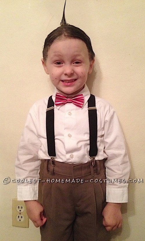 Cute toddler Alfalfa costume. Easy and quick with slicked up hair and overalls and bow tie.