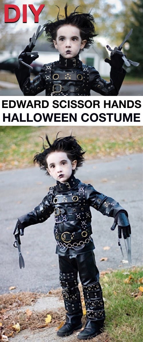 Homemade Edward Scissor Hands Costume-- child with white face, black pants and shirt with belts and plastic scissors.