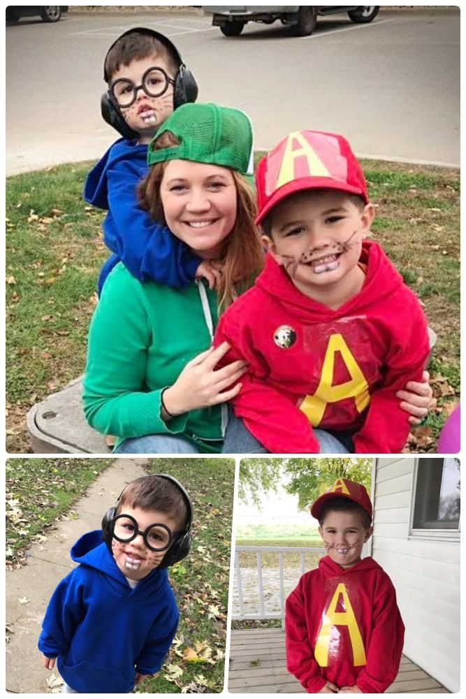 Mom and boys outdoors posing in DIY Halloween costume of blue, green and red hoodie sweatshirts to look like Alvin and the Chipmunks.