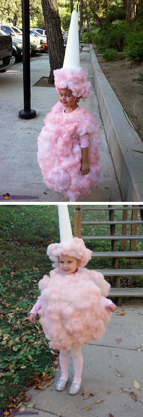 Homemade Cotton Candy Costume-- super cute and fun to make! Little girl with pink fluff dress and white cone hat to replicate cotton candy.