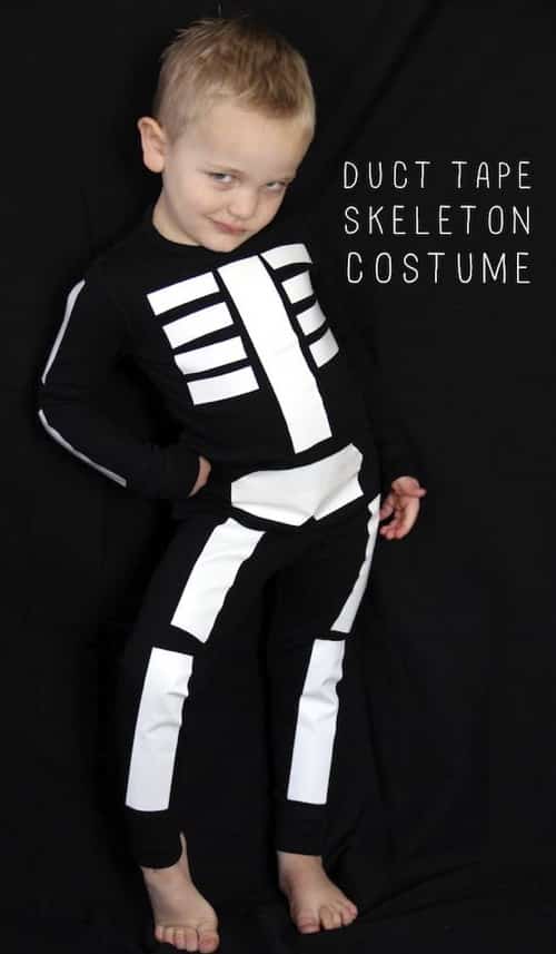 DIY last minute skeleton costume! Just use white duct tape on black sweats.