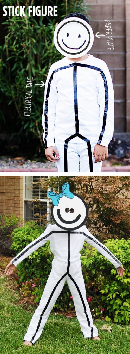 30 Easy DIY Halloween Costumes For Kids (Boys and Girls!) | Great last minute Halloween costume idea for teens! Easy stick figure costume made with electrical tape.