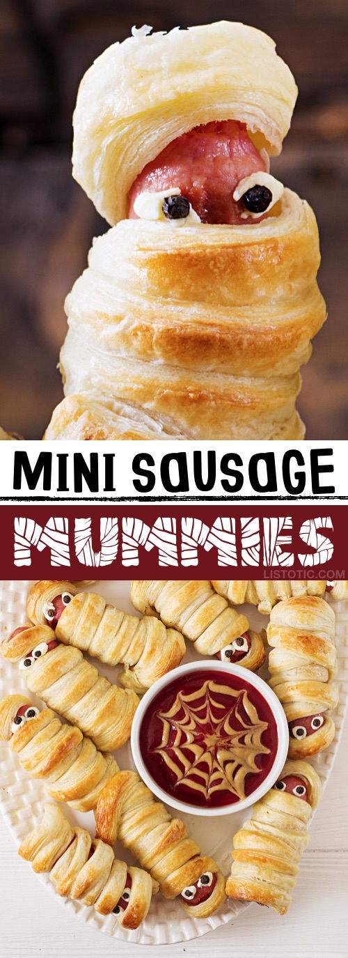 My 10 FAVORITE Halloween Party Appetizers! Mini Sausage Mummies-- easy, creepy and fun! These scary Halloween party appetizers are great for both kids and adults! They're all perfect for a crowd, including finger foods and easy dips. Most of them are quick made ahead recipes, so you can spend more time partying! Lots of creative ideas! | Listotic