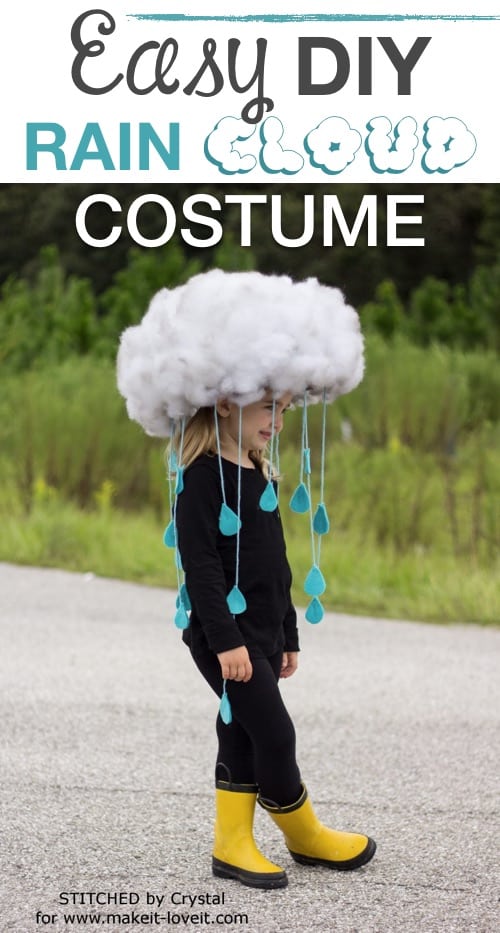 Little girl with raincloud on her head made of cotton balls with raindrops coming down. Halloween costume.