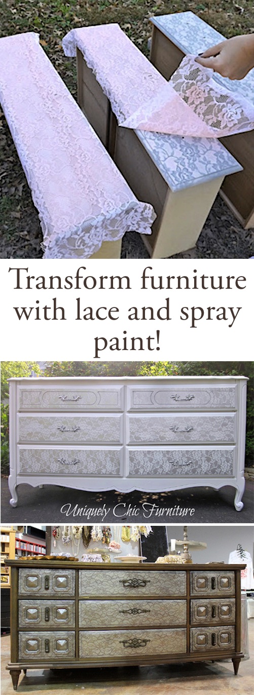 DIY spray paint technique for furniture using lace! This makes such a cool design. Lots of DIY spray paint ideas here. | Listotic