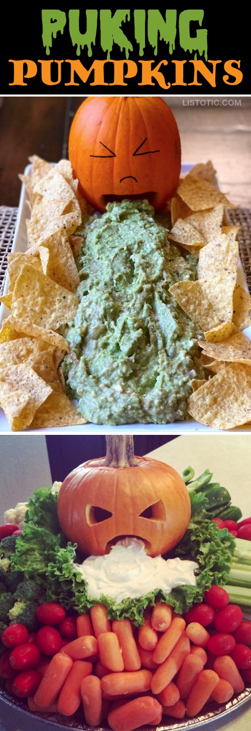 My 10 FAVORITE Halloween Party Appetizers! PUKING PUMPKINS-- easy, creepy and fun! These scary Halloween party appetizers are great for both kids and adults! They're all perfect for a crowd, including finger foods and easy dips. Most of them are quick made ahead recipes, so you can spend more time partying! Lots of creative ideas! | Listotic