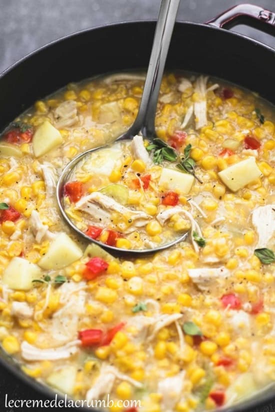 Excellent turkey corn chowder with Thanksgiving leftovers.