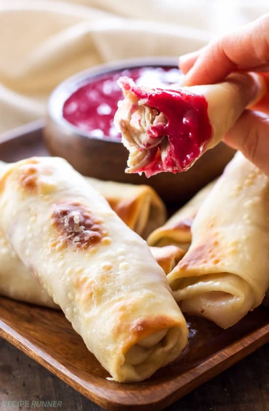 Thanksgiving leftover appetizer. Turkey egg rolls with cranberry dipping sauce.