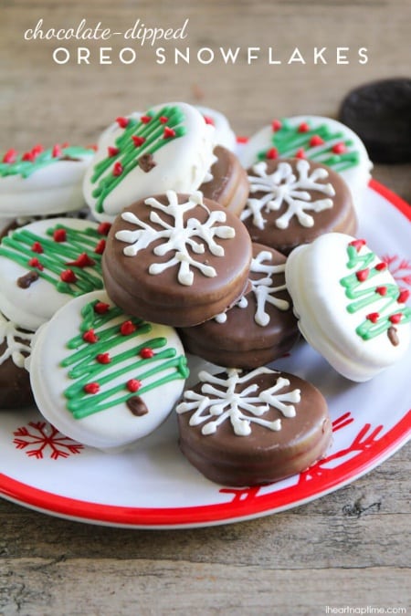 Chocolate dipped Oreo snowflakes holiday treats. 