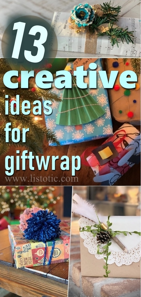 13 Creative Ideas to Gift Wrap your Christmas presents. Music paper, construction paper tree, coloring book page, pons and lace doily.