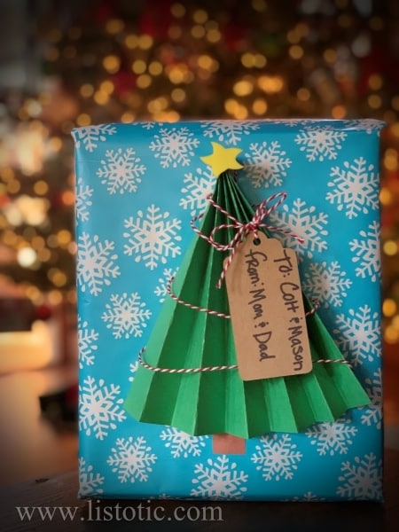 Colorful Christmas tree gift wrap.