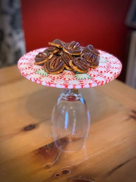 Beautiful display of Christmas goodies sitting on a homemade mint holiday plate.