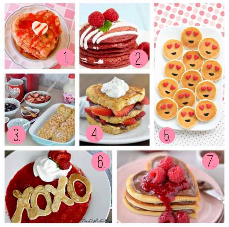 Pancakes and waffles, oh my! Valentine's Day hearts.