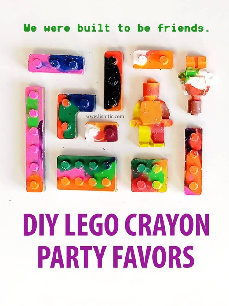 Easy and fun way to reuse old broken crayons for a lego party favor 