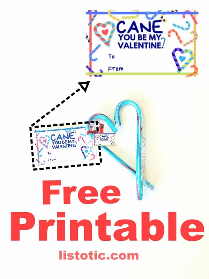 Creative way to save money on Valentine’s day party favors with a free card printable - CANE you be my Valentine?