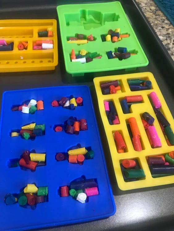 Place mold on baking sheet and bake the diy Lego crayons.