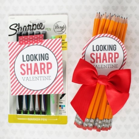 Teacher Valentine’s Day gift of pencils and sharpies. Free printable.