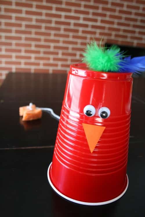 Easy and fun musical chicken craft made from a solo cup that clucks when you pull the string.