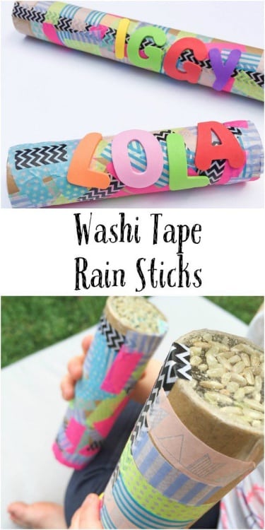 Easy washi tape rain sticks craft for kids. Fun DIY musical instruments made from recyclable paper towel roll.