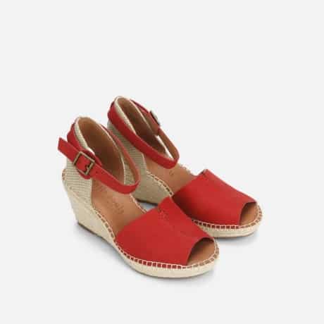 Mary Jane style red wedge heel pump for women summer time outfit and casual work outfit.