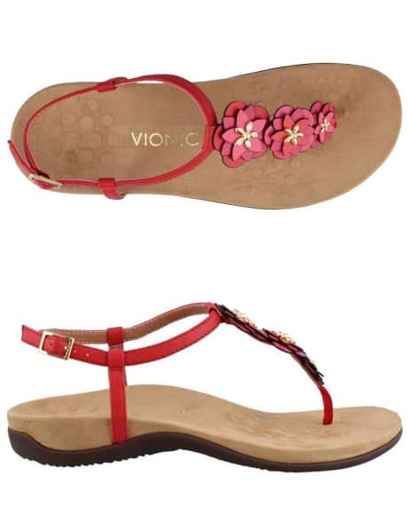 Women’s red sandals that are orthotics too. Casual, yet classy, for any spring or summer outfit. 