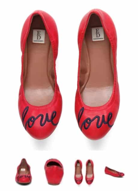 Love is in the air when you wear shoes that have love written on the toes. Women’s red shoes that are also comfortable flats. 