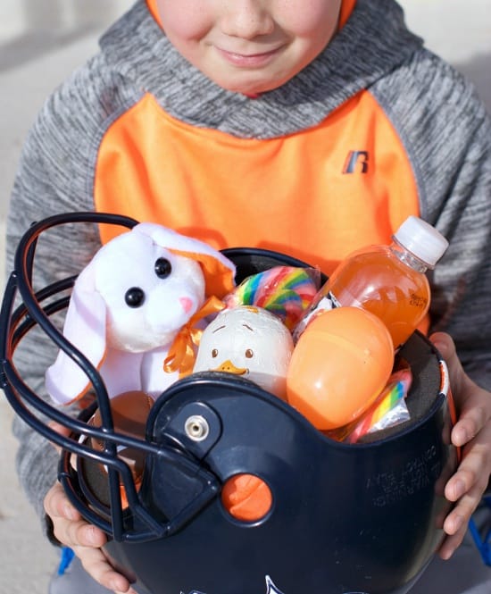 Fill your child’s favorite sports teams helmet with Easter gifts.