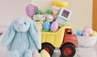 Alternative Easter Basket Dump Truck filled with Easter treats and a Jelly cat stuffed bunny.