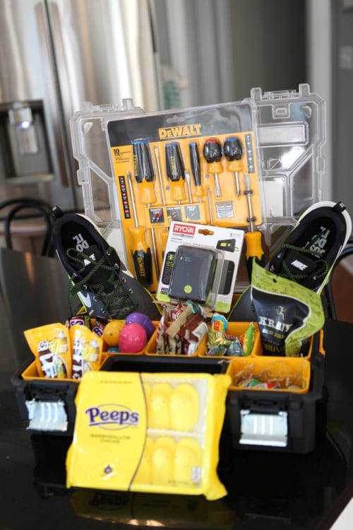 Tool box Easter Basket idea filled with DeWalt tools, tennis shoes, beef jerky, peeps is everything your teen boy could want this Easter holiday!