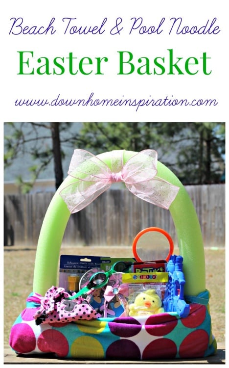 Easy and quick DIY pool noodle and beach towel Easter basket full of warm weather toys such as bubble wands, swimming goggles, swim suits and more!