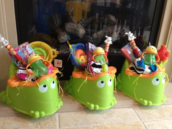 Toddler Potty filled with Easter themed sippy cups, bubbles, outdoor toys, fun socks and more!